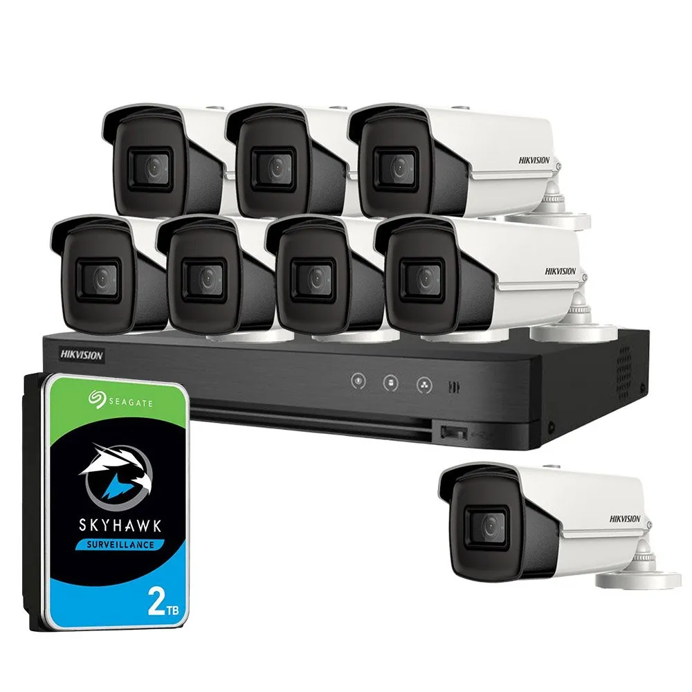 Sistem supraveghere exterior cu HDD 2TB HikVision, 8 camere, 5 MP, IR 80 m, 3.6 mm