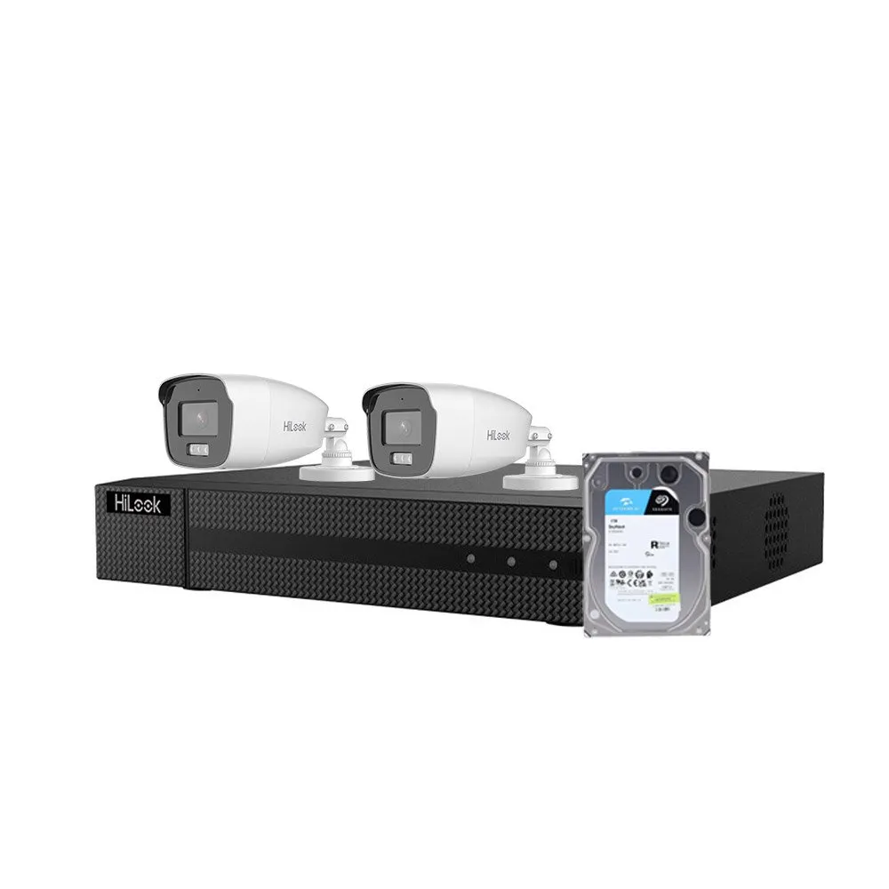 Sistem supraveghere exterior cu lumina duala Hikvision HiLook KIT-HL-M-2C-C-0004, 3K, 2.8 mm, IR/lumina alba 40 m, microfon, HDD 1TB