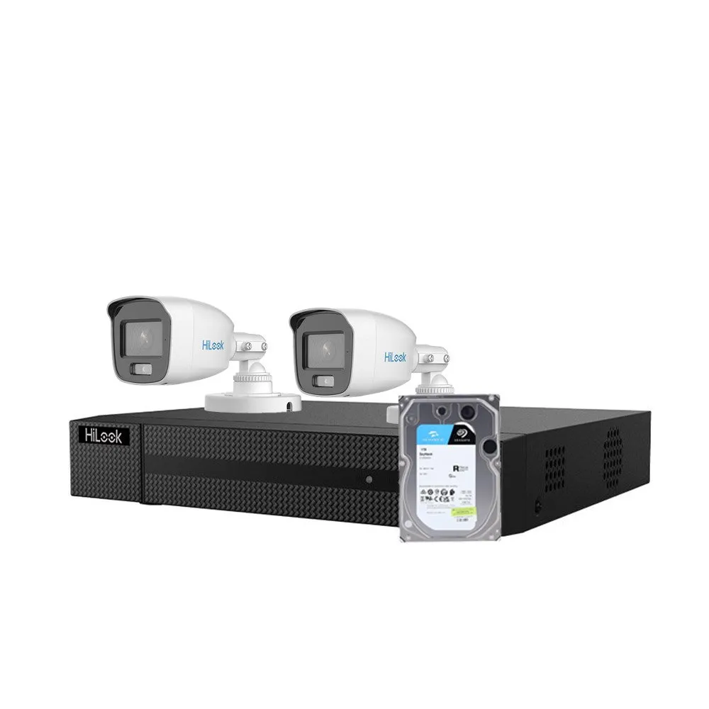 Sistem supraveghere exterior Hikvision HiLooK ColorVu KIT-HL-M-2C-C-0006, 3K, 2.8 mm, lumina alba 40 m, microfon, HDD 1TB