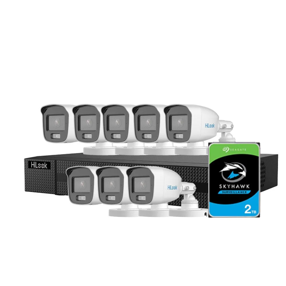 Sistem supraveghere exterior Hikvision HiLooK ColorVu KIT-HL-M-8C-C-0005, 5 MP, 2.8 mm, lumina alba 20 m, microfon, HDD 2TB