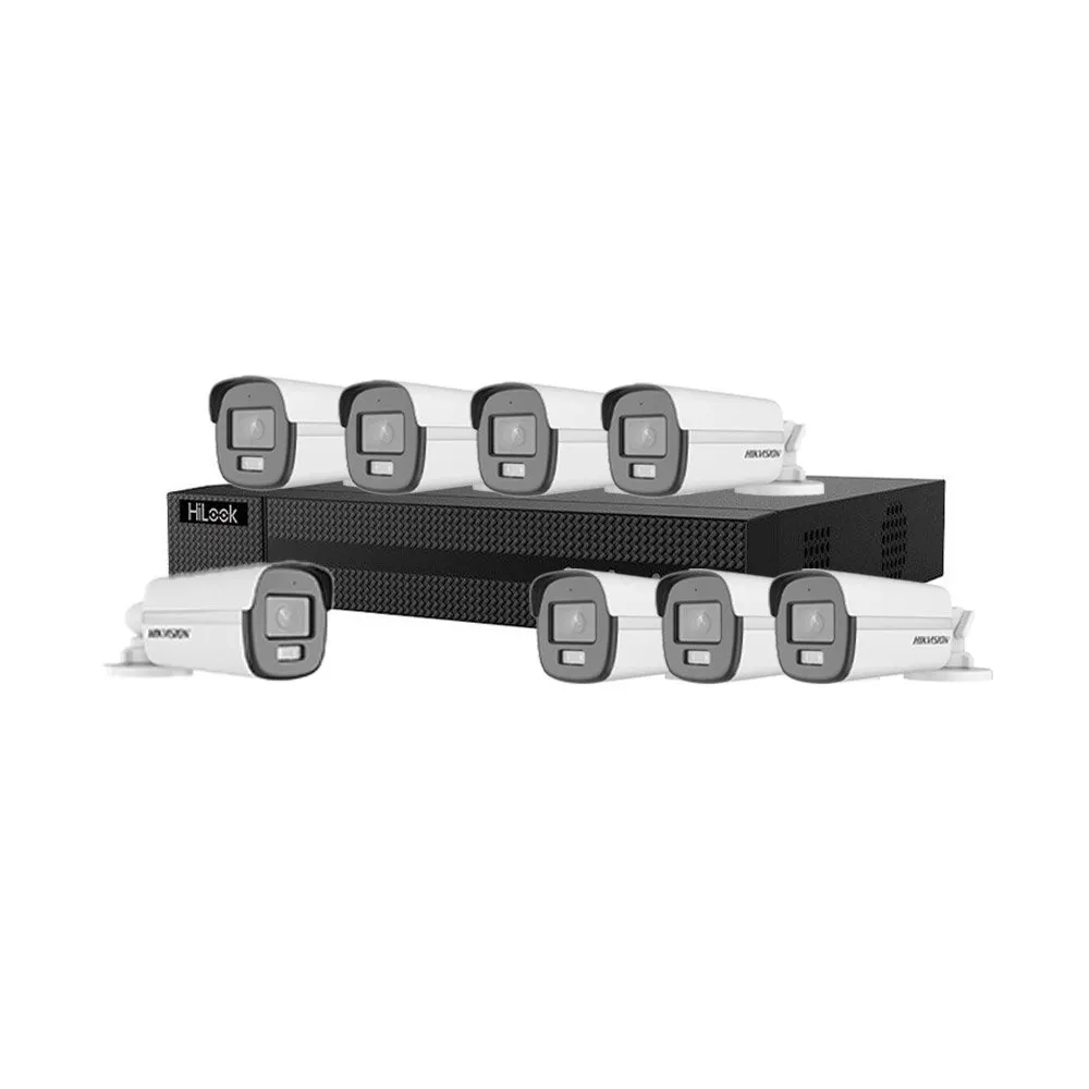 Sistem supraveghere exterior Hikvision HiLook TurboHD ColorVu KIT-HK-8EXT5MP40LA-V2, 8 camere, 5 MP, lumina alba 40 m, 2.8 mm