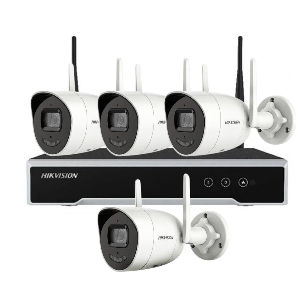 Sistem supraveghere exterior IP WiFi Hikvision ColorVu AcuSense KIT-HK-WF-8EXT2MP30AL, 2 MP, 2.8 mm, slot card, lumina alba 30 m