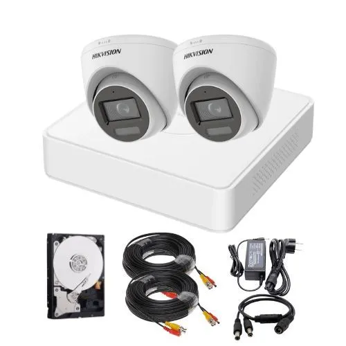 Sistem supraveghere Hikvision, 2 camere, 2MP, Dual Light, IR 40m, WL 20m, Microfon, DVR 4 canale, Hard 500GB, Accesorii incluse