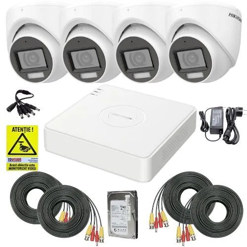 Sistem supraveghere Hikvision, 4 camere 2MP, Dual Light 20m, Microfon, DVR 4 canale, 2MP, Accesorii montaj, HDD 500GB, Autocolant Rovision