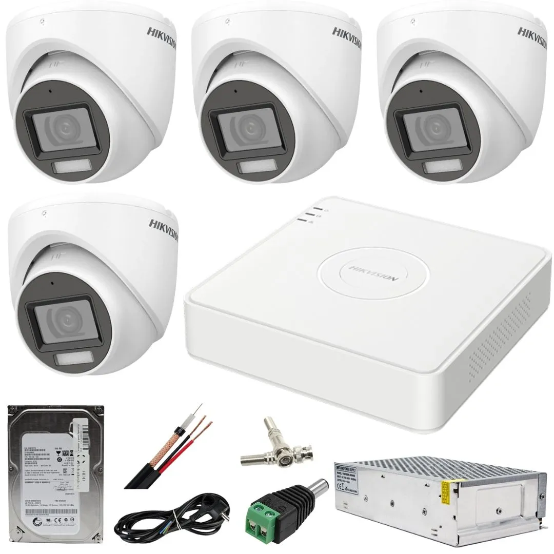 Sistem supraveghere Hikvision 4 camere 5MP Dual Light IR 30m WL 20m DVR 5MP AcuSense cu accesorii incluse HDD 500GB