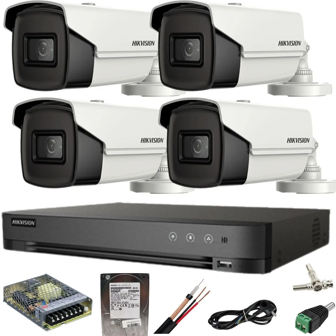 Sistem supraveghere Hikvision 4 camere 8MP IR 80M DVR 4K AcuSense cu accesorii incluse si HDD 1TB
