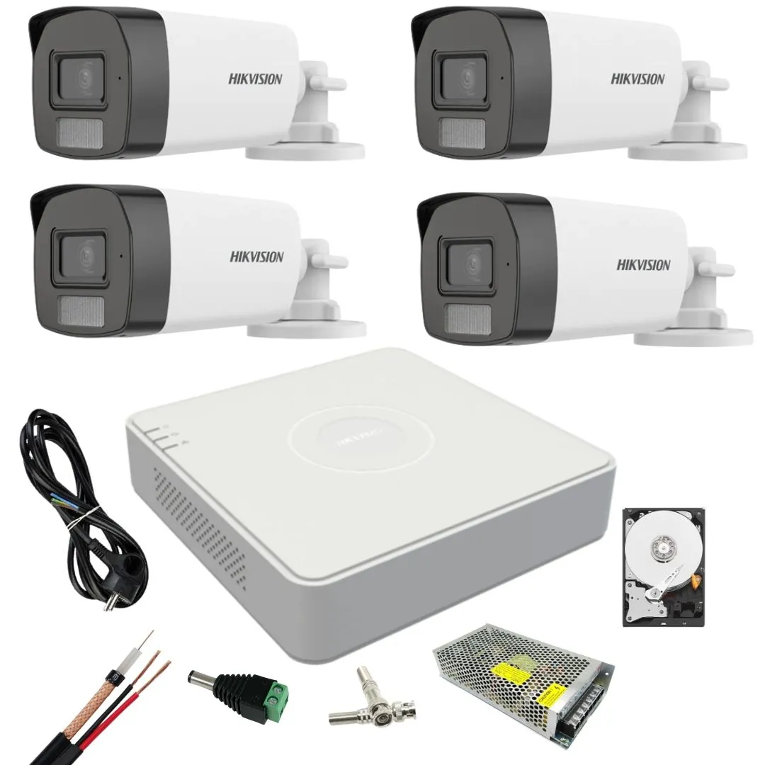 Sistem supraveghere Hikvision 4 camere Dual Light 5 MP cu microfon Lumina alba 40 m IR  DVR 4 canale  5MP, Accesorii si hdd inclus
