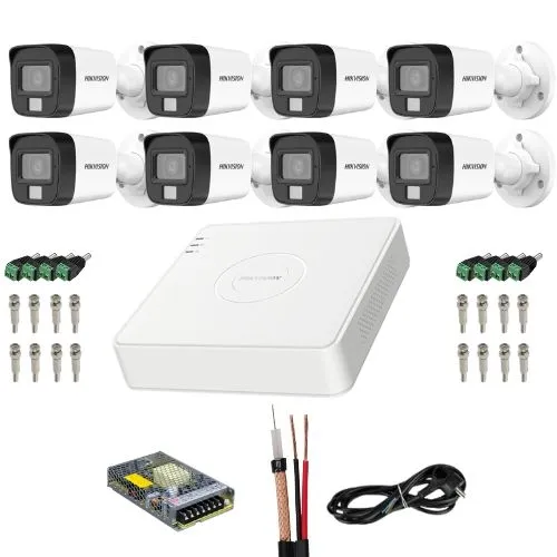 Sistem supraveghere Hikvision, 8 camere 5MP IR 30m Lumina Alba 20m Microfon, DVR 8 canale 5MP, Accesorii