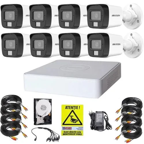 Sistem supraveghere Hikvision, 8 camere 5MP IR 30m Lumina Alba 20m Microfon, DVR 8 canale 5MP, HDD si accesorii