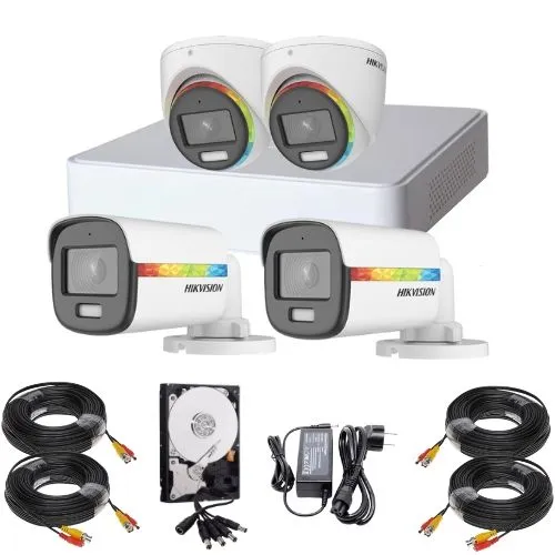 Sistem supraveghere Hikvision ColorVu, 2 camere exterior 2MP WL 20m Audio, 2 camere interior 2MP WL 20m Audio, DVR 4 canale 2MP, Accesorii, HDD 500GB