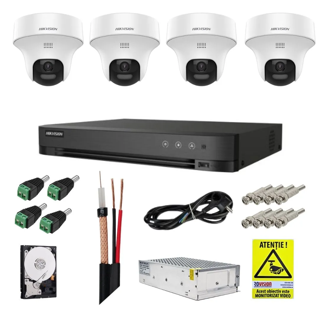 Sistem supraveghere Hikvision cu detectie om/vehicul, 4 camere rotative, 3K 5MP, Microfon, Difuzor, DVR, Accesorii incluse
