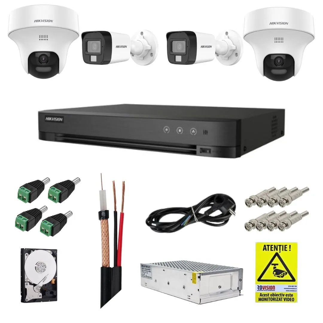 Sistem supraveghere Hikvision cu functii inteligente, 2 camere fixe 5MP, 2 camere rotative 3K 5MP, Audio bidirectional, Dual Light 20m, DVR, Accesorii montaj incluse