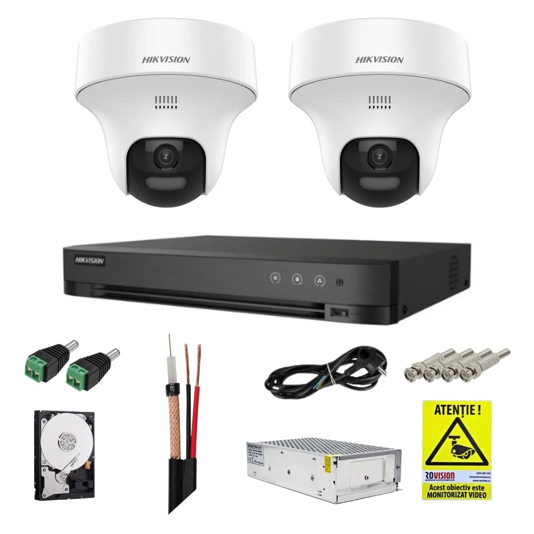 Sistem supraveghere Hikvision cu functii inteligente, 2 camere rotative, 3K 5MP, Audio bidirectional, Dual light 20m, DVR 4 canale, Accesorii incluse