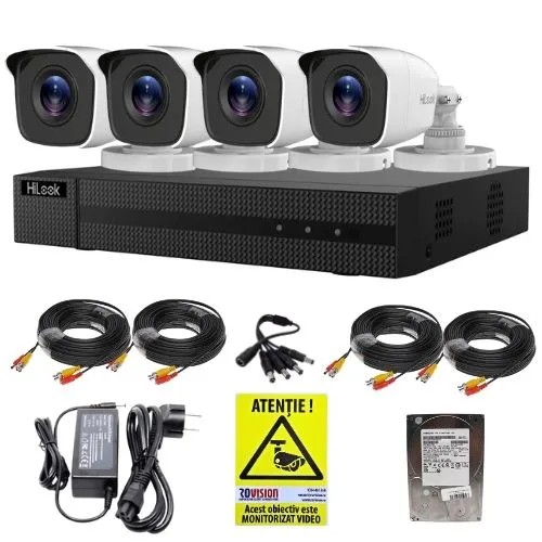Sistem supraveghere HiLook 4 camere exterior Full HD 2MP infrarosu 20m IP66, DVR 4 canale 2MP, accesorii, HDD 500GB + Autocolant Rovision