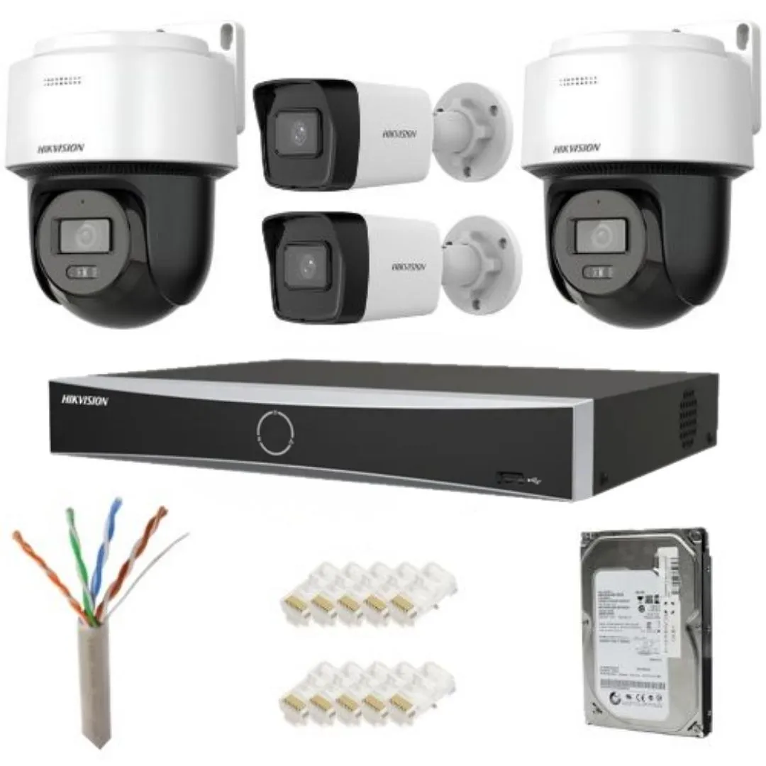 Sistem supraveghere IP complet Hikvision 2 camere fixe + 2 camere rotative 4MP IR/lumina alba Speaker, NVR 4 canale PoE, HDD 500GB