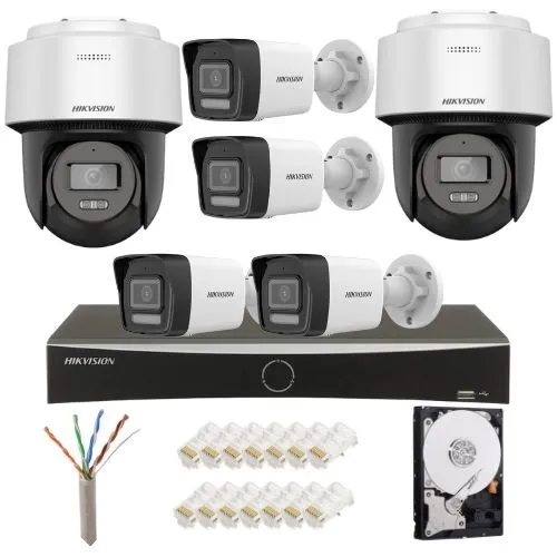 Sistem supraveghere IP complet Hikvision 4 camere fixe + 2 camere rotative 4MP IR/lumina alba Speaker, NVR 8 canale PoE, HDD 2TB