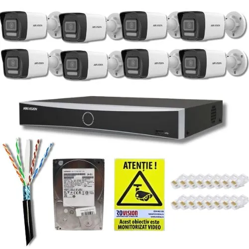 Sistem supraveghere IP complet Hikvsion 8 camere 4MP Dual Light 30m, NVR 8 canale PoE 8MP 4K AcuSense, HDD 2TB