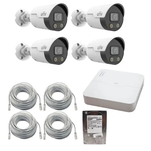 Sistem Supraveghere IP Complet UNV cu 4 Camere IP 4MP ColorHunter, Dual Light, Audio Bidirectional, PoE, NVR 4 Canale + 4 porturi Long PoE, HDD 1TB