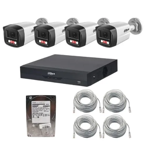 Sistem supraveghere IP Dahua, 4 camere 2MP Dual Light IR 30m, PoE, microfon, NVR 4 canale 16MP WizSense, PoE, HDD 500 GB, cabluri