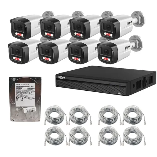 Sistem supraveghere IP Dahua, 8 camere 2MP, Dual Light lumina alba / IR 30m, PoE, microfon, NVR 8 canale POE,  8MP, HDD 1TB, cabluri