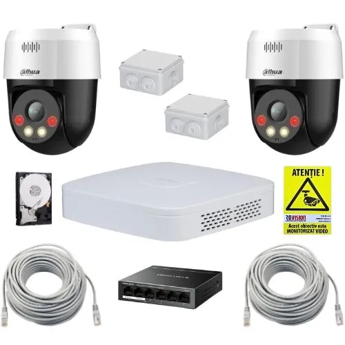 Sistem supraveghere IP Dahua cu functii inteligente, 2 camere rotative, 5MP, Alarma, Difuzor, Switch, Accesorii incluse, Hard Disk 1TB