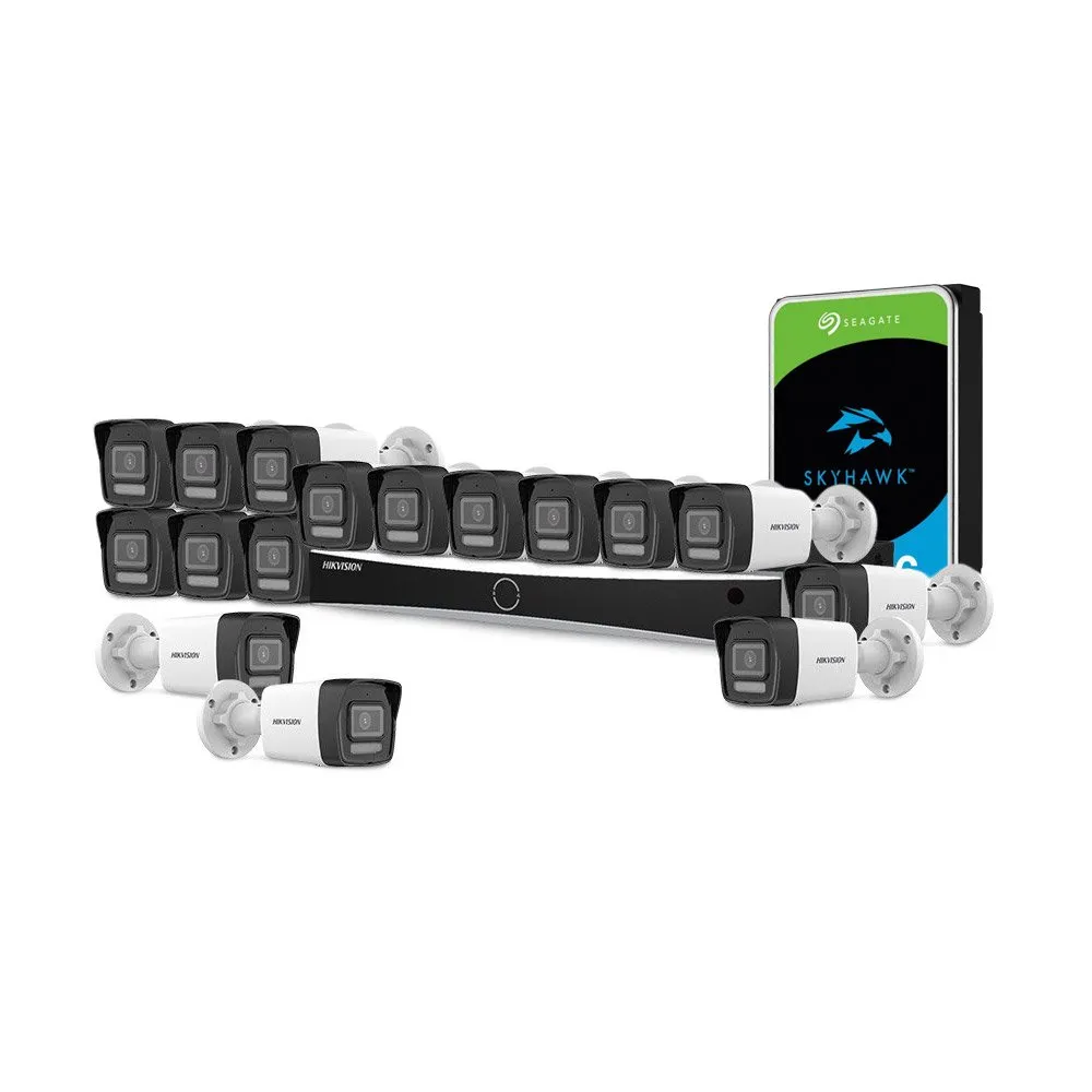 Sistem supraveghere IP exterior complet HikVision KIT-HIK-C16EXT4MP-HL30M-POE, 16 camere, 2 MP, 2.8 mm, IR / lumina alba 30 m, PoE, HDD 6TB