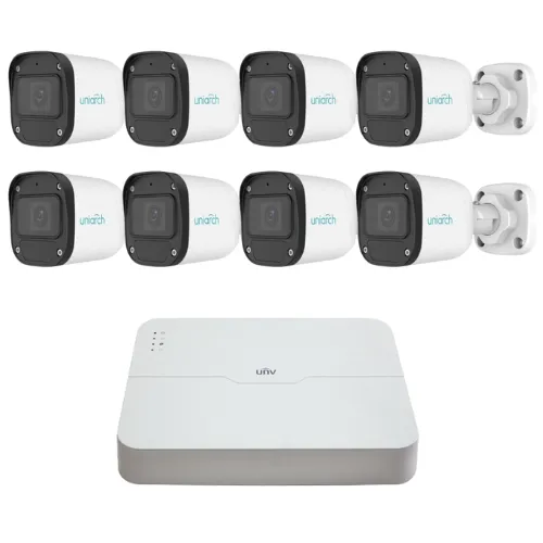 Sistem supraveghere IP Uniarch, 8 camere 2MP Full HD, Microfon, IR 30m, Pentru exterior, Vizualizare de pe mobil, NVR 8 canale