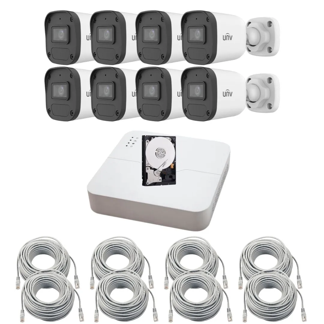 Sistem supraveghere IP Uniview, 8 camere, 4MP, PoE, IR 30m, Microfon, DVR 8 canale, Accesorii montaj
