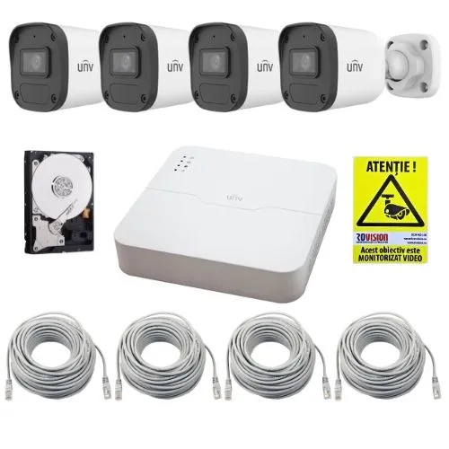 Sistem supraveghere IP UNV, 4 camere de exterior, 4MP, IR 30m, Microfon, PoE, Vizualizare pe mobil, NVR 4 canale, HDD 1TB, Accesorii