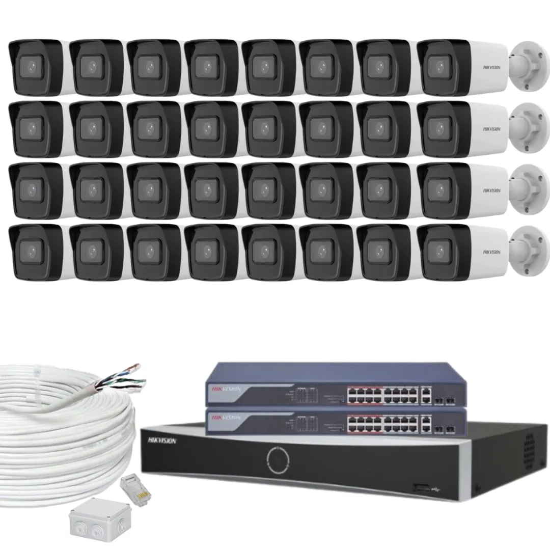 Sistem supraveghere profesional Hikvision, 32 camere, 4MP, IR 30m, Switch PoE, NVR 32 canale, Accesorii montaj incluse, Functii inteligente