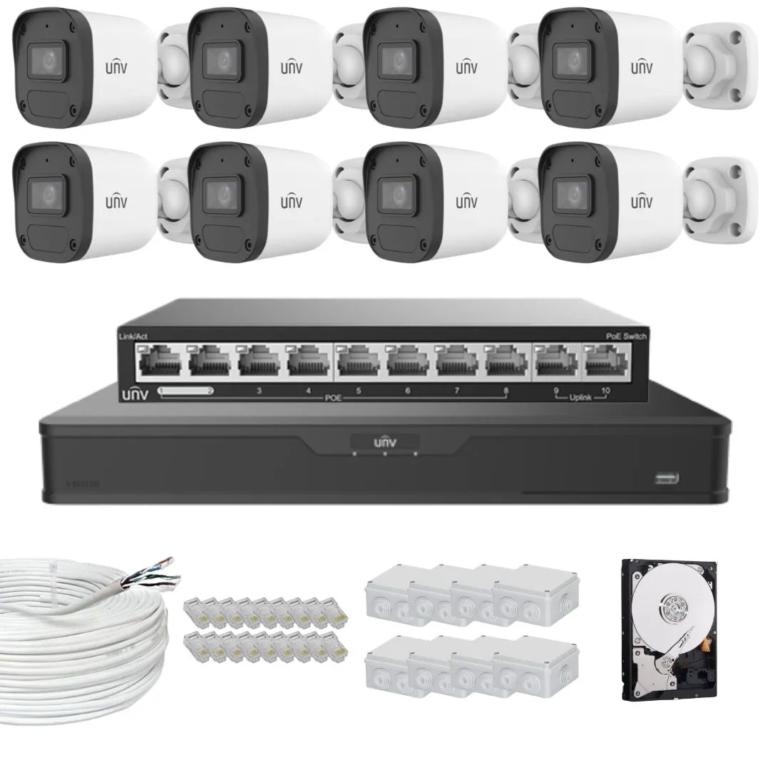 Sistem supraveghere profesional Uniview, 8 camere, 4MP 2K, IR 30m, Microfon, NVR 16 canale, Accesorii montaj incluse, HDD 2TB,  Switch PoE