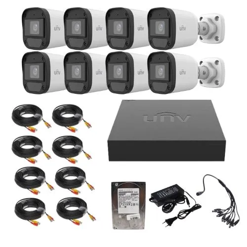 Sistem supraveghere Uniview, 8 camere, 2MP, IR 20m, microfon, XVR 8 canale 2MP + 2 canale IP 6MP, HDD 1TB și accesorii montaj