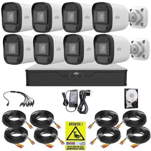 Sistem supraveghere Uniview, 8 camere 5MP, Imagini color noaptea, Lumina Alba 20m, DVR 8 canale 5MP, Accesorii montaj, HDD 1TB, Autocolant Rovision