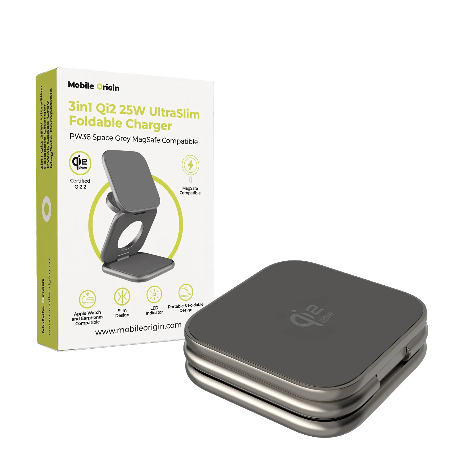 Statie de incarcare 3 in 1 Mobile Origin UltraSlim Qi2, Pliabila, Compatibil MagSafe, Wireless Charging, PD 25W, USB-C, Gri