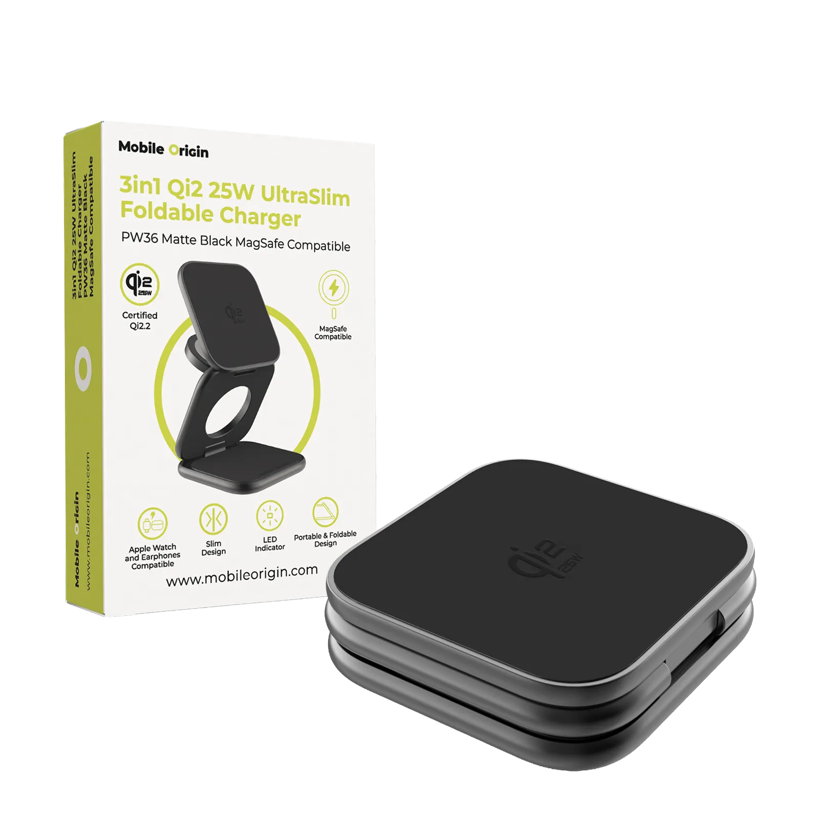 Statie de incarcare 3 in 1 Mobile Origin UltraSlim Qi2, Pliabila, Compatibil MagSafe, Wireless Charging, PD 25W, USB-C, Negru