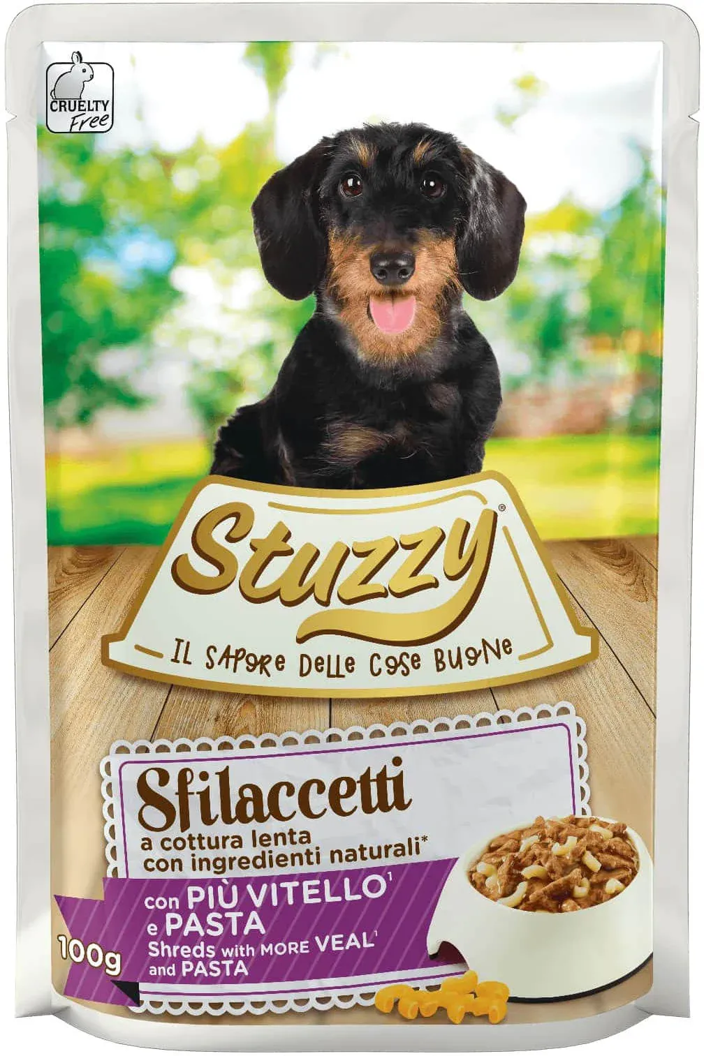 STUZZY Sfilacetti Plic hrană umedă pentru câini, cu Viţel şi Paste 100g