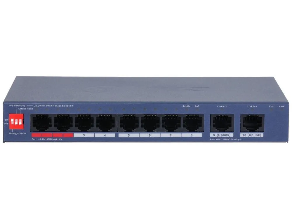Switch 10 porturi, 8x PoE 100Mbps, 2x RJ-45 GB, 110W, Watchdog, cu management, Dahua CS4010-8ET2GT-110