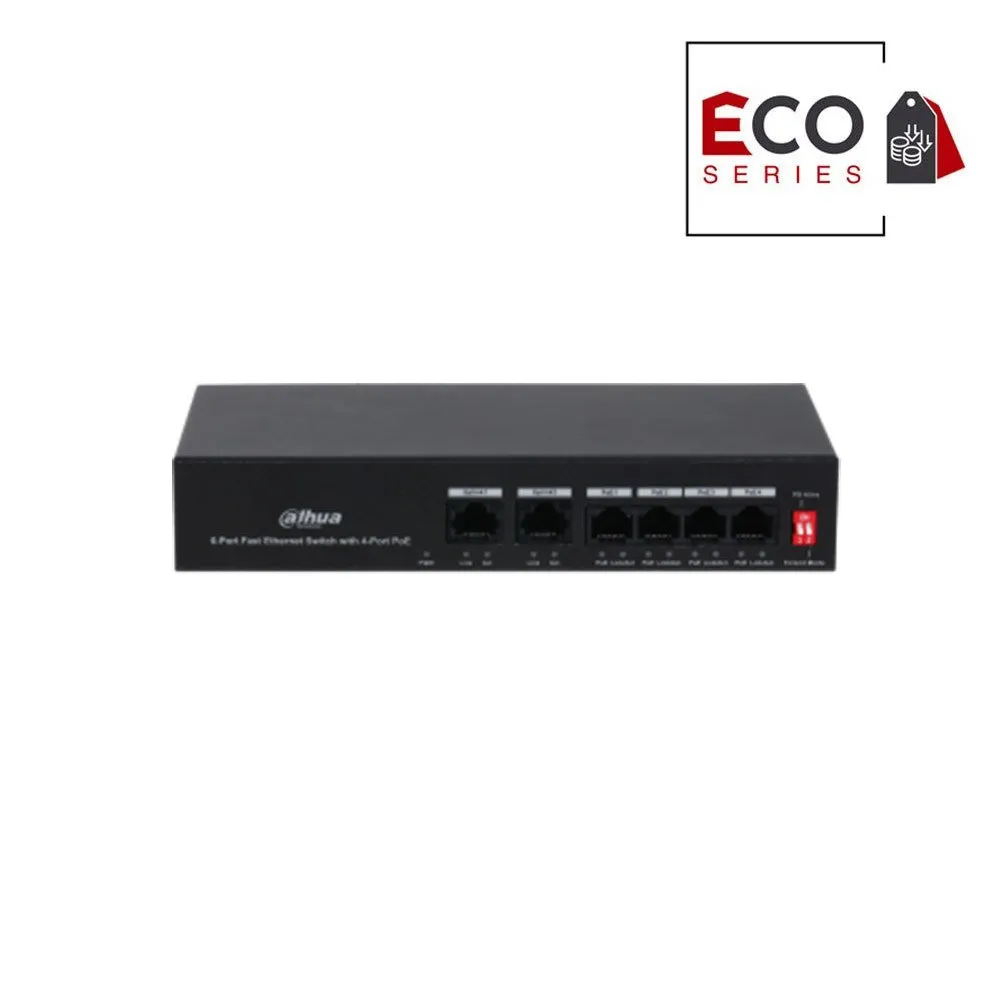 Switch 4 porturi Dahua Eco Series PFS3006-4ET-36, 10/100 Mbps, 1.2 Gbps, 0.89 Mpps, PoE