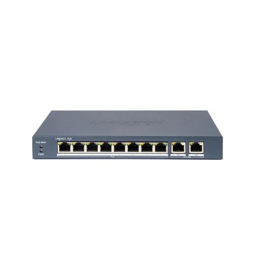 Switch 8 porturi PoE Hikvision DS-3E0310P-E/M(B), 2x Gigabit, 80W, 5.6 Gbps, 10 Mbps, 8000 MAC, fara management