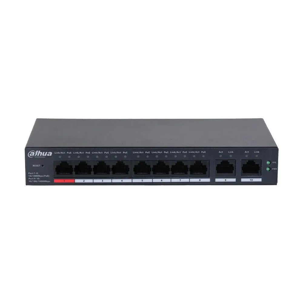 Switch cu 10 porturi Dahua CS4010-8ET-110, 8 porturi PoE 10/100 Mbps, 2 porturi Uplink Gigabit, cu cloud management