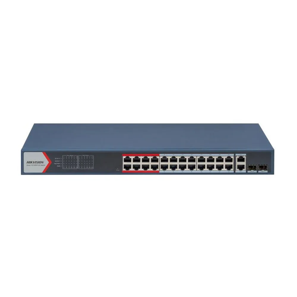 Switch cu 24 porturi PoE Hikvision DS-3E1326P-EI(B), 10/100 Mbps, 2x Gigabit port combo, Watchdog, 370 W, cu management