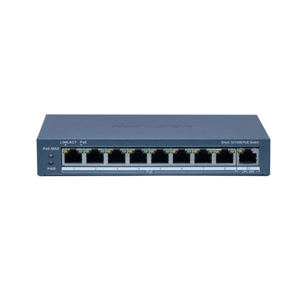 Switch cu 8 porturi PoE Hikvision DS-3E1309P-EI(B), 3.6 Gbps, 1× port Gigabit, MAC 16 K, buget 110 W, cu management
