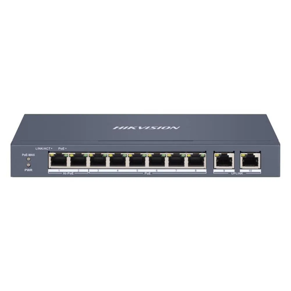 Switch cu 8 porturi PoE Hikvision DS-3E1310HP-EI, 16000 MAC, 9.2 Gbps, Hi-PoE, cu management