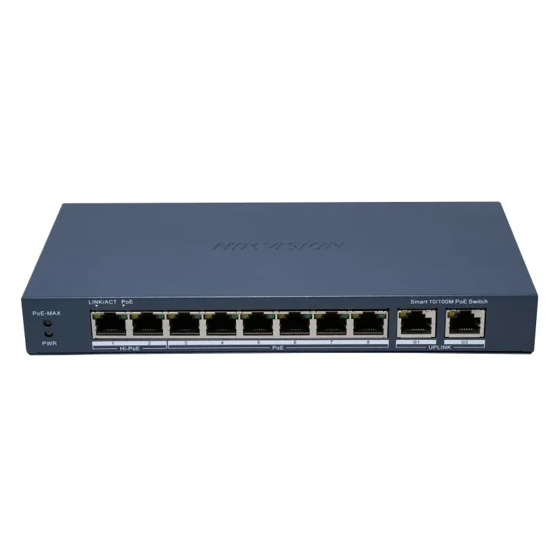 Switch Hikvision, 8 porturi PoE Smart + 2 x porturi Uplink Gigabit, 110W, 300m - DS-3E1310HP-EI(B)