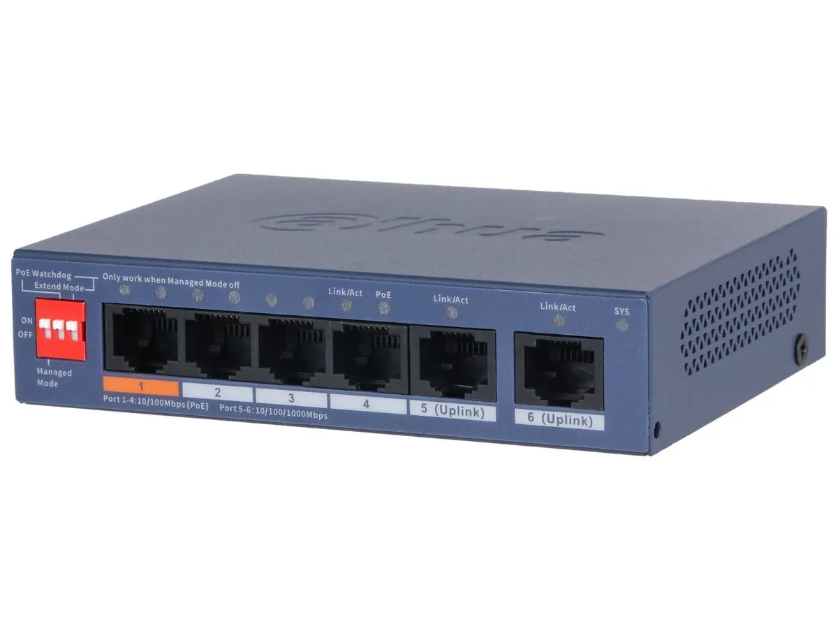 Switch PoE Dahua 6 porturi, 4 PoE 60W, cloud managed, VLAN, CS4006-4ET2GT-60