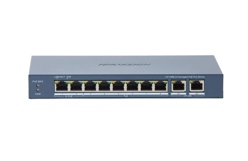 Switch PoE Hikvision DS-3E0310HP-E(C), 8 porturi PoE, 2 porturi Gigabit RJ45, putere PoE 110W, 6kV