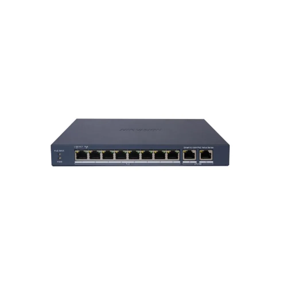 Switch PoE Hikvision DS-3E1310P-EI/M, 8 porturi PoE Fast Ethernet, 2 porturi Gigabit, 60 W, 9.6 Gbps, cu smart management