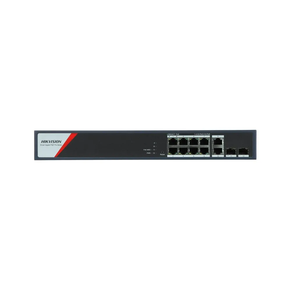 Switch PoE Hikvision DS-3E1512HP-SI-8P2T2F, 8 porturi Gigabit PoE, 2 RJ45, 2 SFP, Hi-PoE 90W, buget 130W, cu management