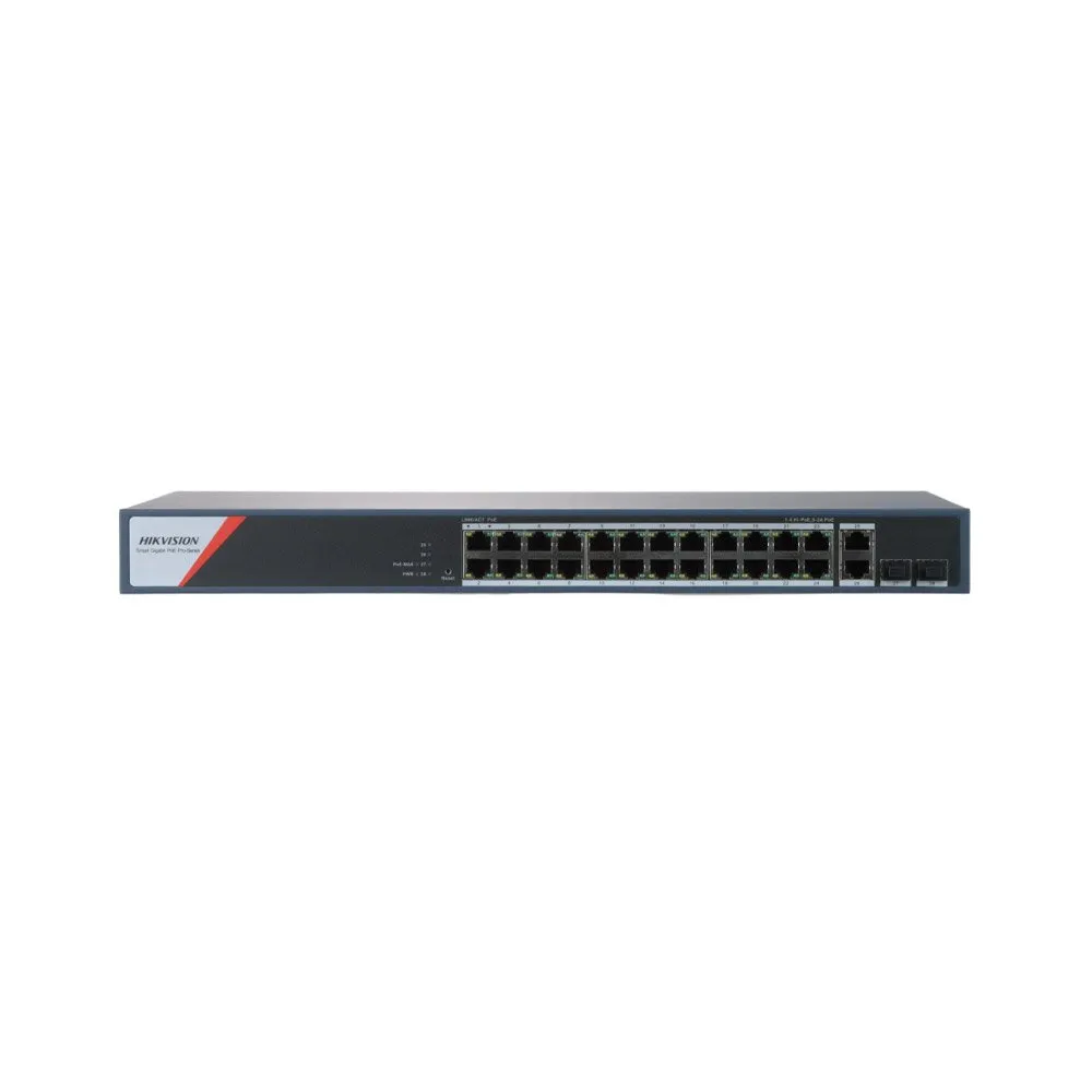 Switch PoE Hikvision DS-3E1528HP-SI-24P2T2F, 24 porturi Gigabit PoE, 2 RJ45, 2 SFP, Hi-PoE 90W, buget PoE 370W, cu management