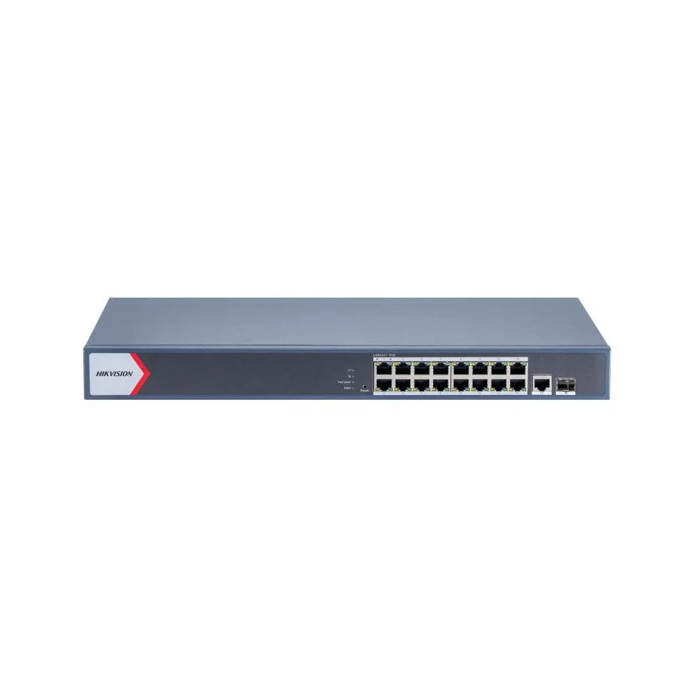 Switch rackabil cu 16 porturi PoE Hikvision DS-3E1518P-EI/M, 1 port RJ-45, 1 port optic, 56 Gbps, 41.66 Mpps, MAC 8K, 300 m, management cloud, PoE Watchdog